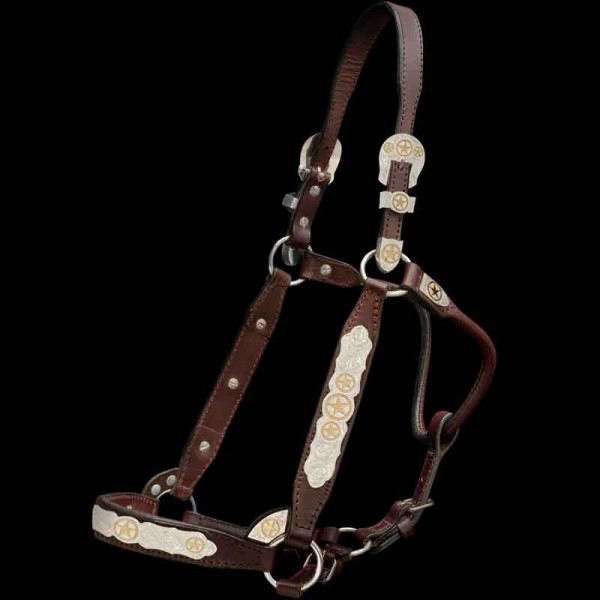 Introducing the Highland Show Halter, a premium quality leather halter adorned with hand engraved silver base and golden Jeweler's Bronze Stars on every piece. Upgrade to pure sterling silver for your next show!